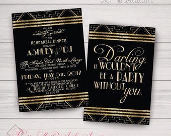 ROARING 20'S Gold & Black UNISEX Invitation, Save the Date, Program, +More. Wedding, Birthday, Bachelor. Gold, Black. Customize Free