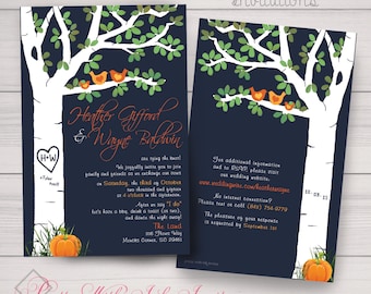 Fall Carved Tree Wedding Invitations, Lovebirds, Pumpkin (Printable or Printed) Customized Free