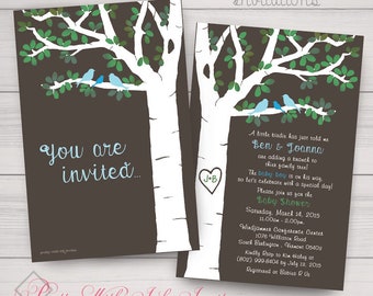 Carved Tree Baby Shower Invitations, Bluebirds (Printable or Printed) Customized Free