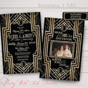 GATSBY/ROARING 20s Anniversary, Engagement Invitations: Gatsby, Roaring 20s, Gold & Black, Photo. Personalize and Customize FREE
