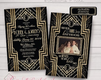 GATSBY/ROARING 20s Anniversary, Engagement Invitations: Gatsby, Roaring 20s, Gold & Black, Photo. Personalize and Customize FREE