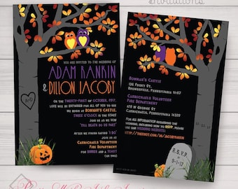 Hallow-wedding Invitations for Halloween, Monster Bash, Costume Party, Wedding, Event, Owls & Pumpkins. Customized Free!