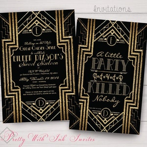 Invitations GATSBY/ROARING des années 20.  Sweet Sixteen, quinceanera, doré et noir.  Personnaliser gratuitement