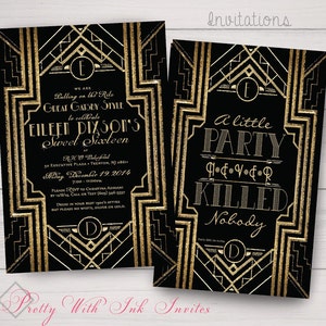 GATSBY/ROARING 20s Invitations. Rsvp, Thank You, Save the Dates Avail to Match. Sweet Sixteen, Quinceanera, Gold & Black. Customize free image 1