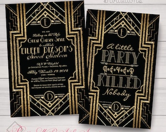 GATSBY/ROARING 20s Invitations. Rsvp, Thank You, Save the Dates Avail to Match. Sweet Sixteen, Quinceanera, Gold & Black.  Customize free