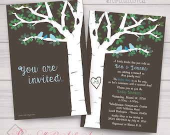 CARVED TREE W/LOVEBIRDS Invitations, RSVPs, Matching Items. Baby Shower, Announcement, Engagement, Wedding. Nature, Birds. Free Customizing