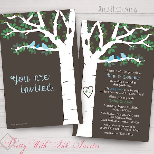 CARVED TREE W/LOVEBIRDS Invitations, RSVPs, Matching Items. Baby Shower, Announcement, Engagement, Wedding. Nature, Birds. Free Customizing