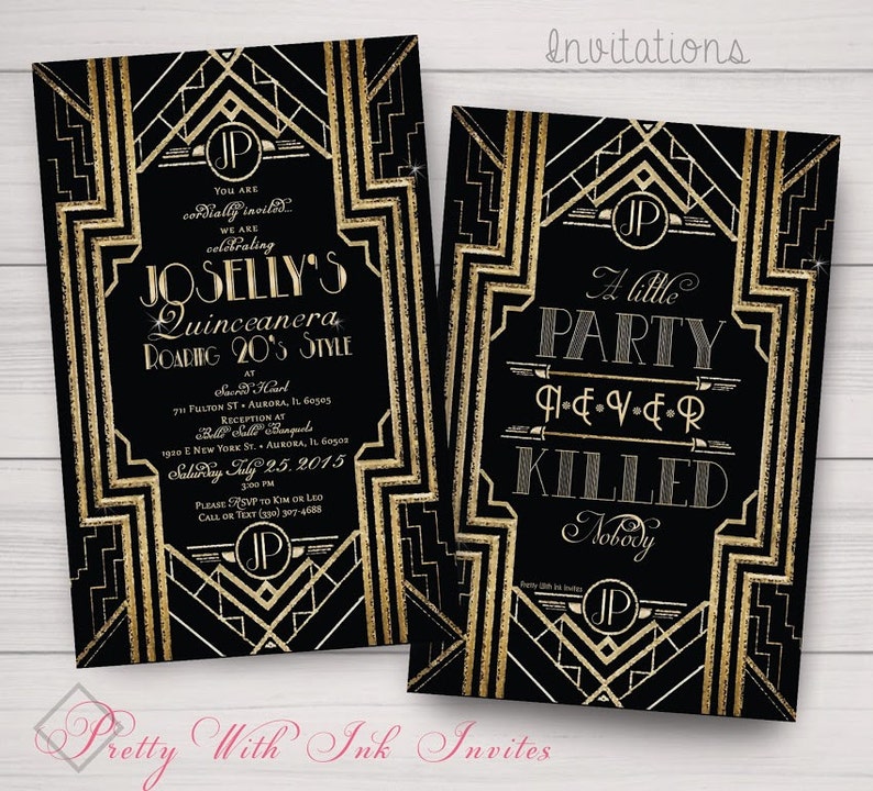 GATSBY/ROARING 20s Invitations. Rsvp, Thank You, Save the Dates Avail to Match. Sweet Sixteen, Quinceanera, Gold & Black. Customize free image 2