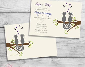 Kitties in a Tree Wedding Invitations, Grey Cats, Love Theme, Customized Free (printed or digital)