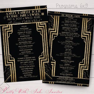 GATSBY/ROARING 20s Style Event Programs. Color, Font, Text Changes Free. Gold, Black, Cream, Silver. Customize for free!
