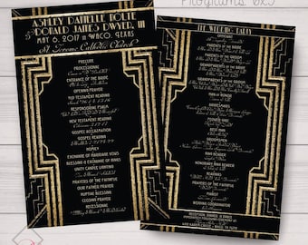 GATSBY/ROARING 20s Style Event Programs. Color, Font, Text Changes Free. Gold, Black, Cream, Silver. Customize for free!