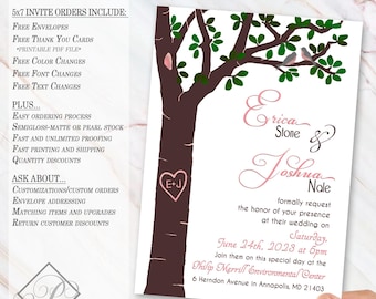 Carved Tree Lovebirds Wedding Invitation (Printable or Printed Customized Free)