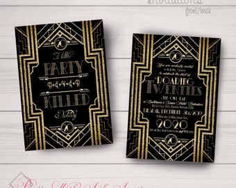 Ring in the ROARING 20s Gatsby Invitation,  Save the Dates. Wedding, Office Party, New Years, Black, Gold, White. Customize for free