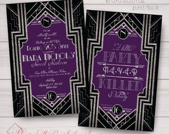 Invitation GATSBY/ROARING des années 20, réservez une date, merci. Sweet 16, mariage, anniversaire, bal de promo. Noir, argent, violet, monogramme, élégant.