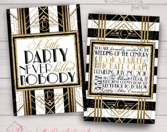 GATSBY/ROARING 20s STRIPE Invitation, Save the Date, & more. Wedding, Sweet 16, Engagement, Shower. Black, Gold, White. Customize for free