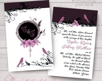 SECRET GARDEN Invitations and More to Match for Wedding, Anniversary, Showers. Lovebirds, Lillies, Plum, Pink, Free Customizing.