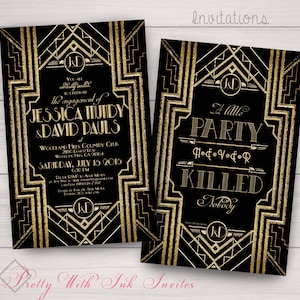 Engagement, Wedding, Shower Invitations: Gatsby, Roaring 20s, Gold and Black. Samples/Digital Files/Printing Available.
