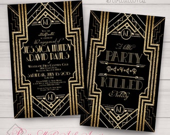 Engagement, Wedding, Shower Invitations: Gatsby, Roaring 20s, Gold and Black. Samples/Digital Files/Printing Available.