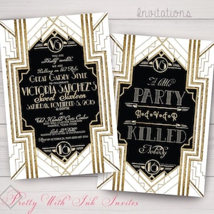 GATSBY/ROARING 20s White Bordered Invitation, Save the Date, Programs. Wedding, Sweet 16, Showers. Black, White, Gold, Navy. Customize free