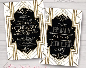GATSBY/ROARING 20s White Bordered Invitation, Save the Date, Programs. Wedding, Sweet 16, Showers. Black, White, Gold, Navy. Customize free