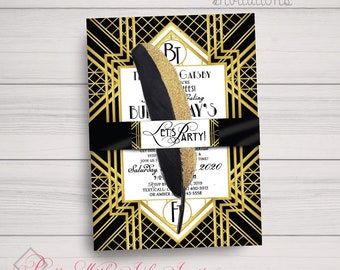 REAL FOIL!! Roaring 20s, Gatsby Invitations,  Save the Dates. Wedding, Office Party, New Years, Black, Gold, White. Customize for free