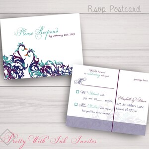 PEACOCK KISSES Invitations and More to Match for Wedding, Shower, Anniversary. Peacock, Lovebirds, Artsy, Purple, Teal, Green. image 8