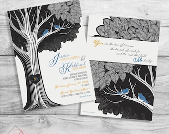 Carved Tree Lovebirds Wedding Invitations (Printable or Printed) Customized Free