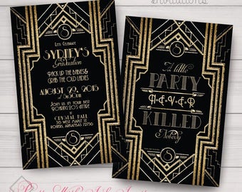 GATSBY/ROARING 20s Graduation Invitations, Use for Wedding, Sweet 16, Engagement, Showers. Black, Gold, White. Customize for free