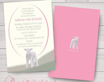 SWEET LAMB  Invitations for Baby Shower Birth Announcement Baptism Christening Nature Pink Blue Ivory Free Customizations