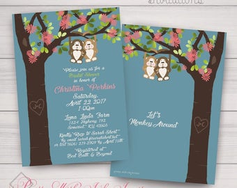 MONKEY AROUND Invitations and More to Match for Shower, Wedding, Birthday, Outdoor Party, Engagement, Announcement. Floral Carved Tree