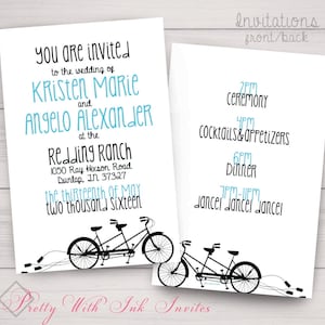 TANDEM LOVE Invitations and More to Match for a fun Wedding, Shower, Engagement, Anniversary Party. Tandem Bike, Bicycle, Black, Teal