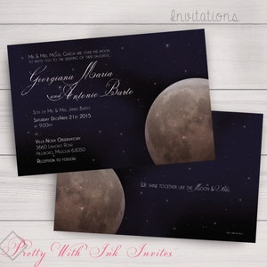 OVER THE MOON Invitations and more for Wedding, Birthday, Shower, Engagement. Full Moon, Blue, Night Sky, Stars. Customize for free image 1