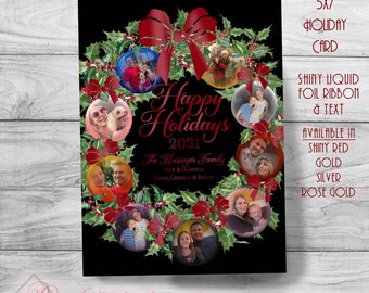 Photo Wreath Multi-Photo Holiday Christmas Greeting Cards - Add Up To 8 Photos Free - Spot Foil & Shine