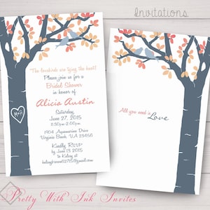 CARVED TREE with LOVEBIRDS Invitations & More to Match for Wedding, Shower, Anniversary. Birch, Slate, Coral, White, Free Color Changes