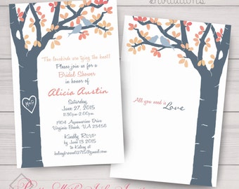 CARVED TREE with LOVEBIRDS Invitations & More to Match for Wedding, Shower, Anniversary. Birch, Slate, Coral, White, Free Color Changes