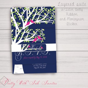 LEAFY CARVED TREE Invitations and more to match. Wedding, Shower, Engagement, Anniversary. Birch, Lovebirds. Blue, Pink, Customize Free