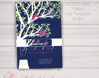 ARBRE SCULPTÉ FEUILLUS Invitations et plus encore. Mariage, douche, fiançailles, anniversaire. Bouleau, tourtereaux. Bleu, rose, personnalisation gratuite