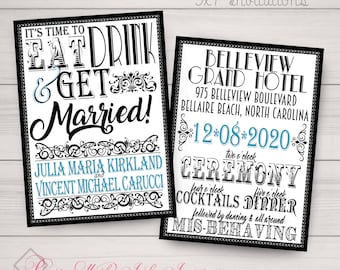 EAT DRINK and MARRY Celebration Invitations for Wedding, Shower, Sweet 16, Birthday. Chalkboard, Lovebirds, Customize Free!