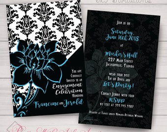 Faire-parts DOUX DAMAS et plus encore pour les 16 ans, un anniversaire, un quinceanera, un bal de promo, une douche. Damas, noir, blanc, rose, bleu sarcelle, floral.