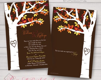 Fall Wedding Invitations, Lovebirds, Autumn Tree, Printed or Digital, Customized Free