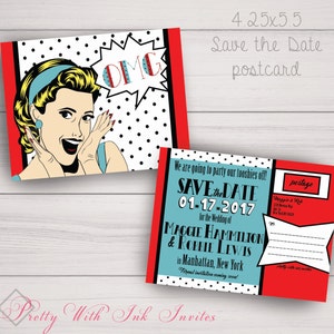 POP CULTURE Einladungen & mehr passend zu Ankündigungen, Hochzeit, Verlobung, Pop Art, Comic-Buch, Retro, Teal, Rot, Schwarz, Weiß, Polka-Dot