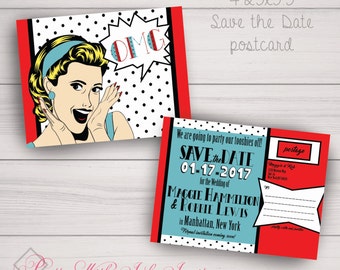 POP CULTURE Invitations & More to Match Announcements, Wedding, Engagement, Pop Art, Comic Book, Retro, Teal, Red, Black, White, Polka-dot