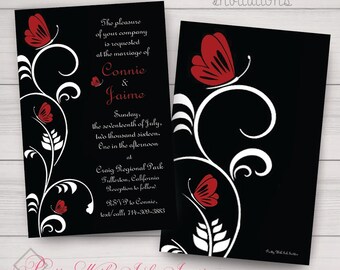 FLUTTER-BY BUTTERFLY Invitations & More to Match. Wedding, Sweet 16, Shower, Engagement, Birthday. Red, Black, Classy. Customize Free