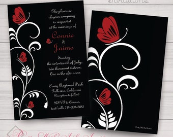 Faire-parts FLUTTER BY BUTTERFLY et plus encore. Mariage, 16 ans, douche, fiançailles, anniversaire. Rouge, noir, classe. Personnaliser gratuitement