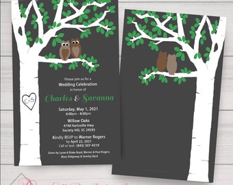 Owl Wedding Invitations, Carved Tree, Rustic Nature (Printable or Printed) Customized Free