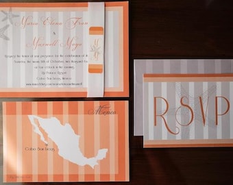 SEASHELL STRIPES Destination Invitations & More to Match for Wedding, Shower, Event, Beach, Mexico, Abroad, Customize Colors, Map, Text/Font