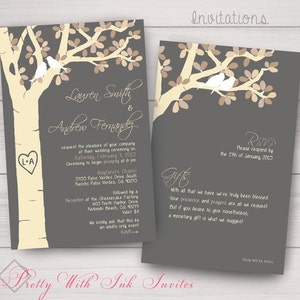 Wedding, Shower, Anniversary, Customized Party Invitations: Tree Carving, Lovebirds, Birch,Winter, Grey & Tan. Printing/Digital Files Avail