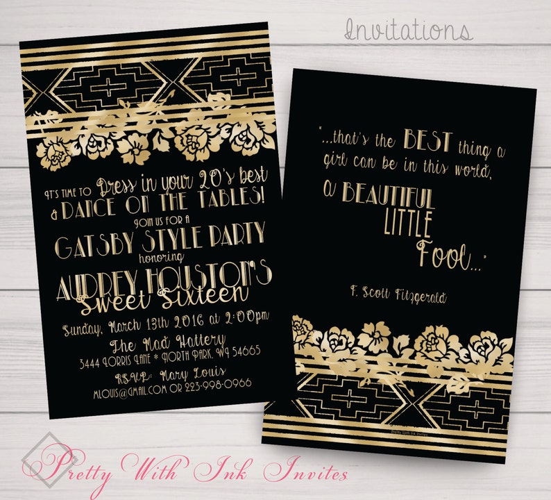 GATSBY FLORAL Invitations Birthday Shower Gold /& Black Customize Free Sweet Sixteen Wedding Roaring 20s Save the Dates