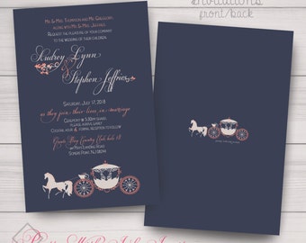 CINDERELLA'S CARRIAGE Invitations: Wedding, Sweet 16, Birthday, Shower Slate Blue, Sand, Ivory, Coral, Magical, Carriage, Happily Ever After