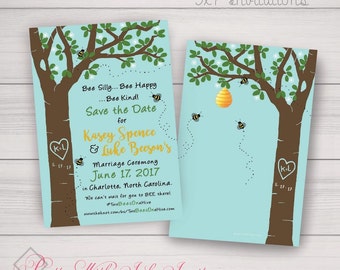 SAVE THE BEES Invitations and more for Birthday, Shower, Engagement, Wedding. Bees, Summer, Tree, Nature, Blue, Yellow. Customize for Free